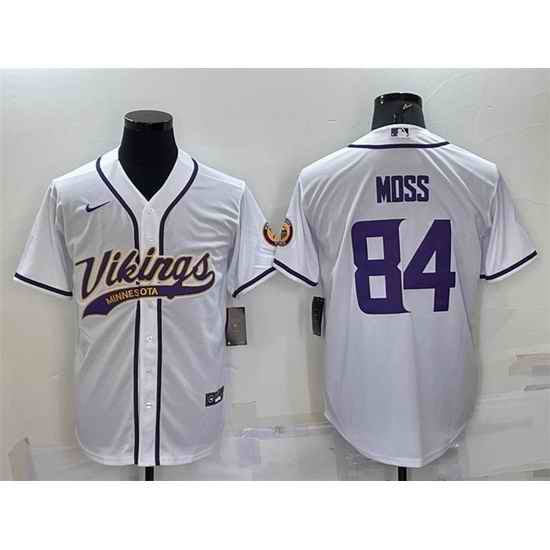 Men Minnesota Vikings #84 Randy Moss White With Patch Cool Base Stitched Baseball Jersey