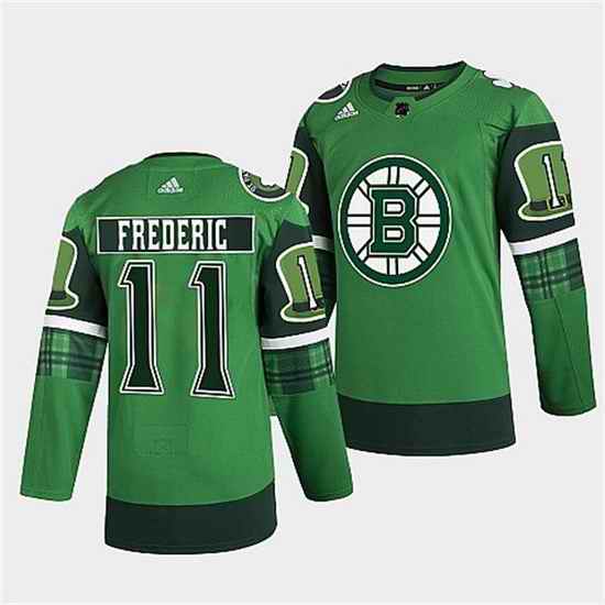 Men Boston Bruins #11 Trent Frederic 2022 Green St Patricks Day Warm Up Stitched jersey