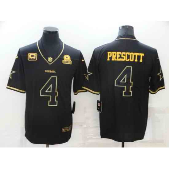 Men Dallas Cowboys #4 Dak Prescott Black Golden With C Patch Edition Limited Stitched Jersey