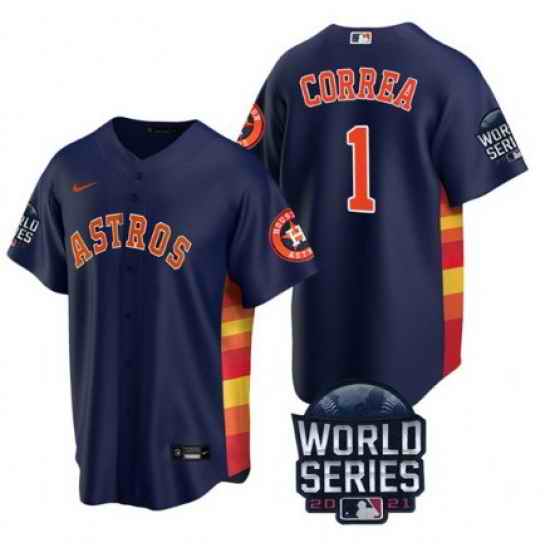 Men Houston Astros #1 Carlos Correa 2021 Navy World Series Cool Base Stitched Baseball Jersey