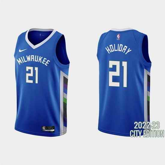 Men Milwaukee Bucks #21 Jrue Holiday 2022 23 Blue City Edition Stitched Basketball Jersey