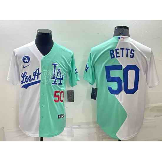 Men Nike Los Angeles Dodgers #50 Mookie Betts 2022 All Star White Green Cool Base Stitched Baseball Jerseys