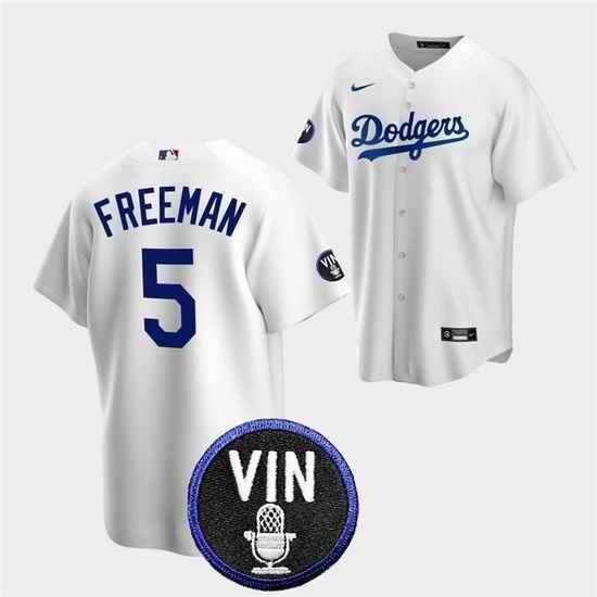 Men Los Angeles Dodgers #5 Freddie Freeman 2022 White Vin Scully Patch Cool Base Stitched Baseball Jersey