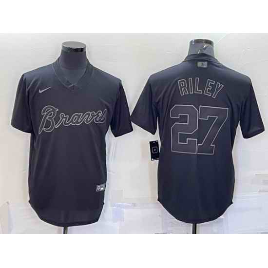 Men Atlanta Braves #27 Austin Riley Black Pitch Black Fashion Replica Stitched Jersey