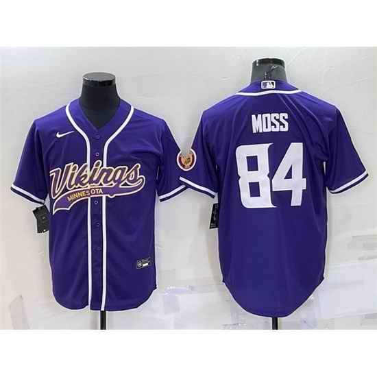 Men Minnesota Vikings #84 Randy Moss Purple With Patch Cool Base Stitched Baseball Jersey