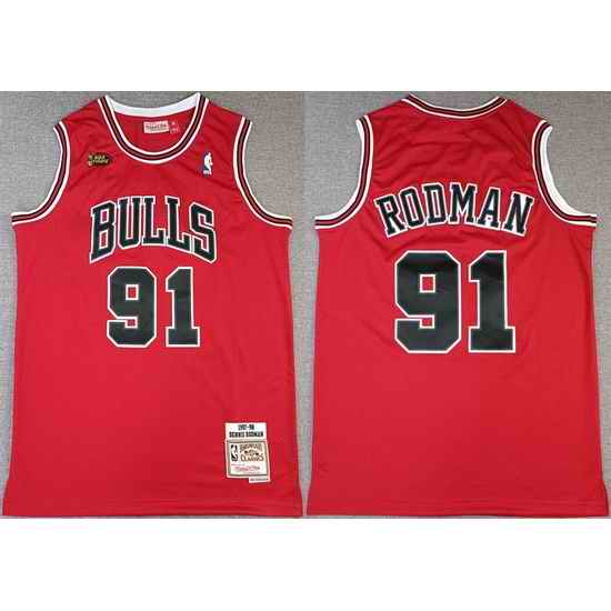 Men Chicago Bulls #91 Dennis Rodman Red NBA Finals 1997 98 Throwback Champions Stitched Jersey