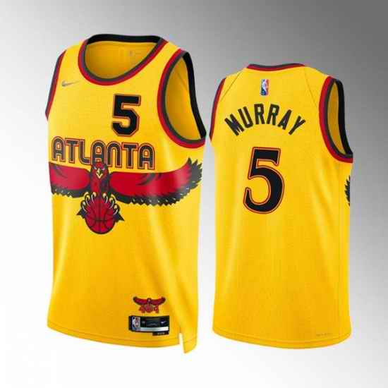 Men Atlanta Hawks #5 Dejounte Murray Yellow City Edition Stitched Jersey