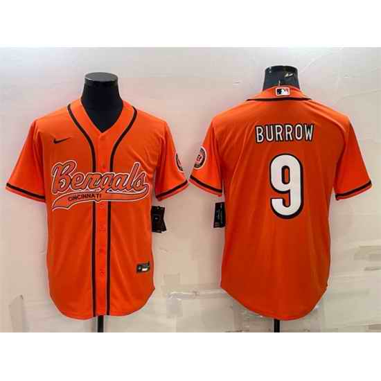 Men Cincinnati Bengals #9 Joe Burrow Orange With Patch Cool Base Stitched Baseball Jersey