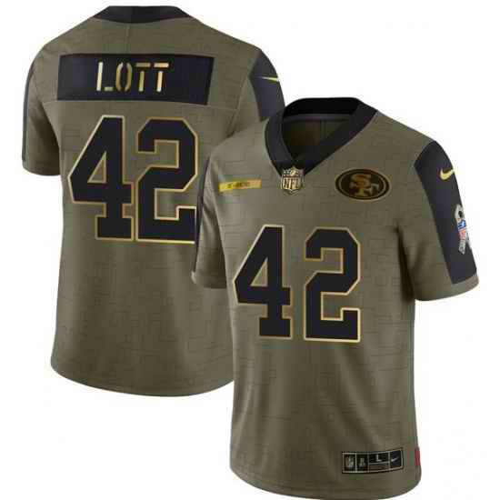 Men San Francisco 49ers #42 Ronnie Lott 2021 Olive Camo Salute To Service Golden Limited Stitched Jersey