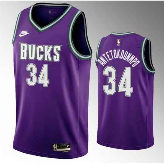 Men Milwaukee Bucks 34 Giannis Antetokounmpo 2022 #23 Purple Classic Edition Swingman Stitched Basketball Jersey