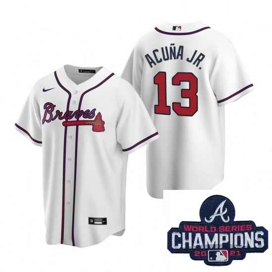 Men Nike Atlanta Braves #13 Ronald Acuna Jr White Home Stitched Baseball Stitched MLB 2021 Champions Patch Jersey