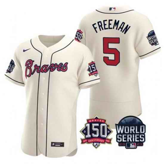 Men Atlanta Braves #5 Freddie Freeman 2021 Cream World Series With 150th Anniversary Patch Stitched Baseball Jersey