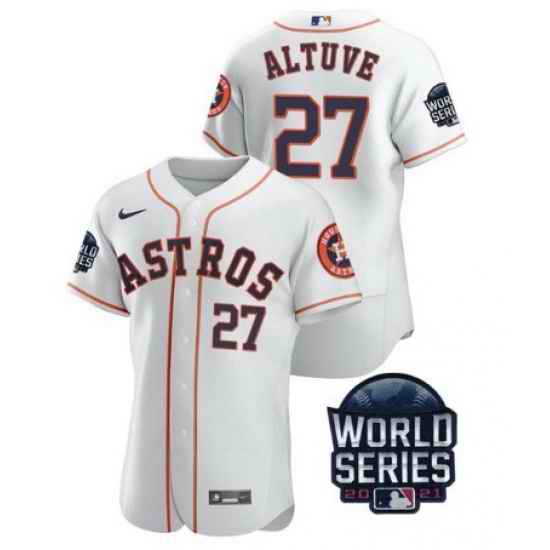 Men Houston Astros #27 Jose Altuve 2021 White World Series Flex Base Stitched Baseball Jersey
