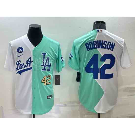 Men Nike Los Angeles Dodgers #42 Jackie Robinson 2022 All Star White Green Cool Base Stitched Baseball Jerseys