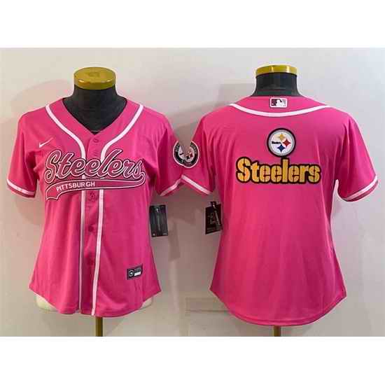 Women Pittsburgh Steelers Pink Team Big Logo With Patch Cool Base Stitched Baseball Jersey