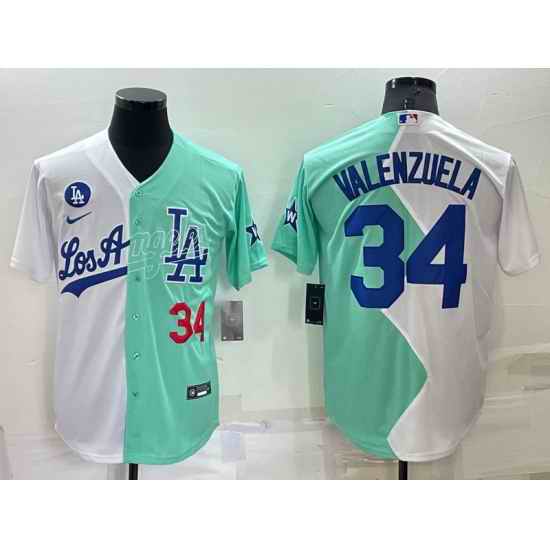 Men Nike Los Angeles Dodgers #34 Fernando Valenzuela 2022 All Star White Green Cool Base Stitched Baseball Jerseys