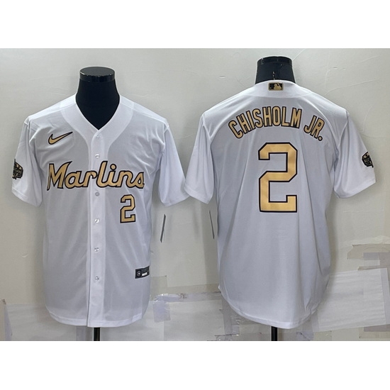 Men Miami Marlins #2 Jazz Chisholm Jr  2022 All Star White Cool Base Stitched Baseball Jersey