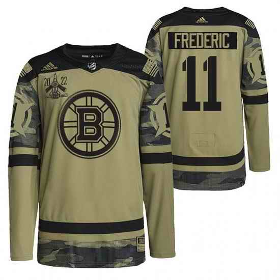 Men Boston Bruins #11 Trent Frederic 2022 Camo Military Appreciation Night Stitched jersey