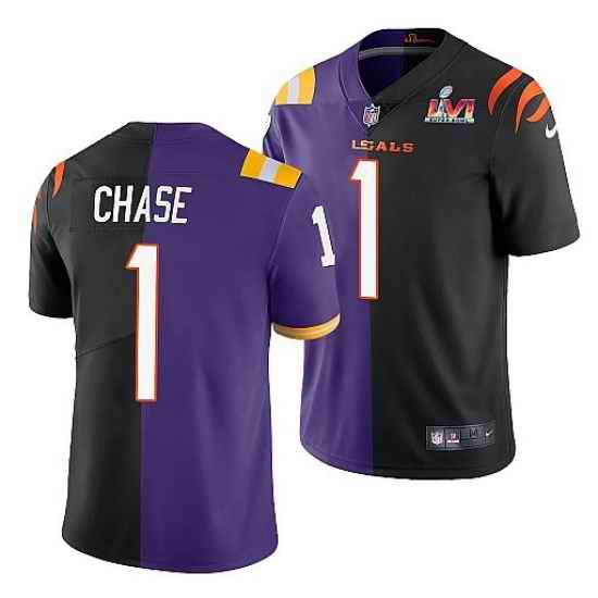 Men Cincinnati Bengals #1 Ja 27Marr Chase 2022 Purple Black Split Super Bowl LVI Stitched Jerse