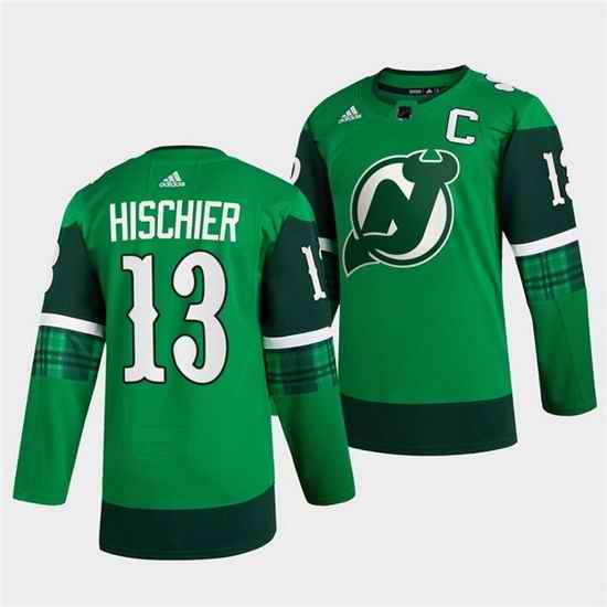 Men New jerseyy Devils #13 Nico Hischier Green Warm Up St Patricks Day Stitched jersey