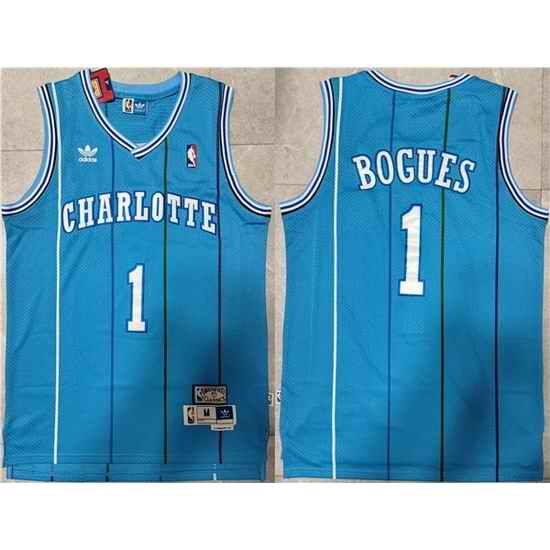 Men Charlotte Hornets #1 Muggsy Bogues Blue Mitchell  26 Ness Throwback Stitched Jersey