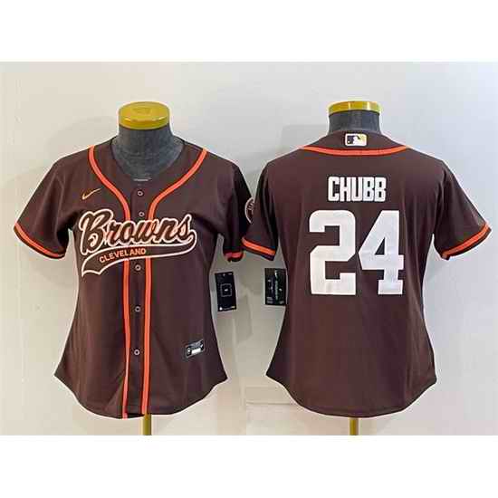Women Cleveland Browns #24 Nick Chubb Brown With Patch Cool Base Stitched Baseball Jersey