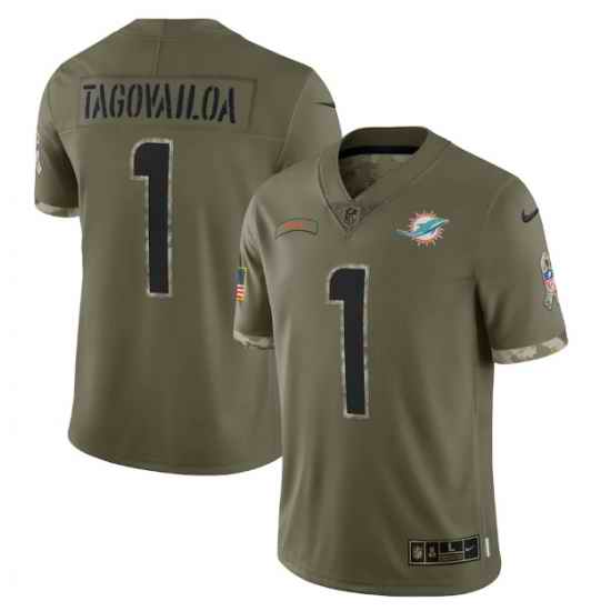 Men Miami Dolphins #1 Tua Tagovailoa Olive 2022 Salute To Service Limited Stitched Jersey