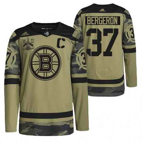 Men Boston Bruins #37 Patrice Bergeron 2022 Camo Military Appreciation Night Stitched jersey