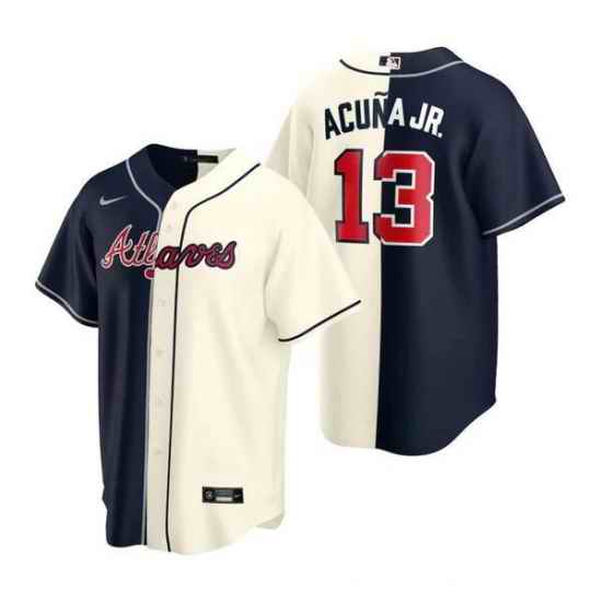 Men Atlanta Braves #13 Ronald Acuna Jr  Navy Cream Split Cool Base Stitched Baseball Jersey