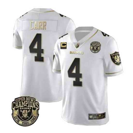 Men Las Vegas Raiders #4 Derek Carr White Gold With Champions Patch  26 C Patch Limited Stitched Jersey