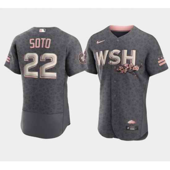 Men Washington Nationals #22 Juan Soto 2022 Grey City Connect Cherry Blossom Flex Base Stitched MLB jersey