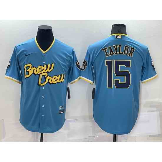 Men Milwaukee Brewers #15 Tyrone Taylor 2022 Powder Blue City Connect Cool Base Stitched Jersey