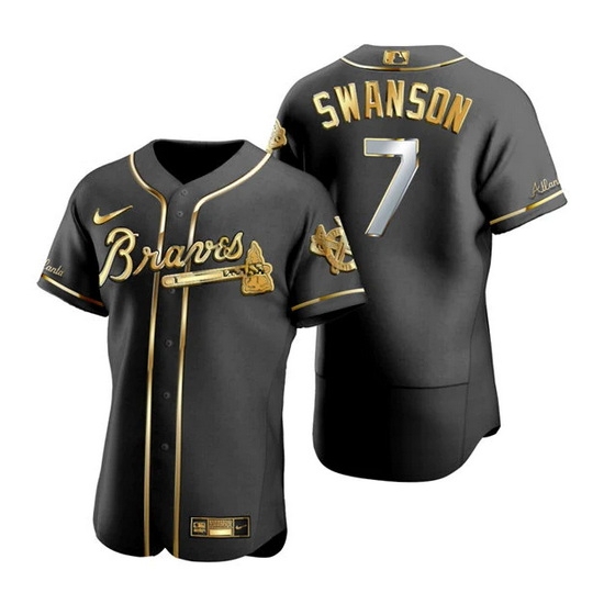 Men Atlanta Braves #7 Dansby Swanson Black Golden Flex Base Stitched Jersey