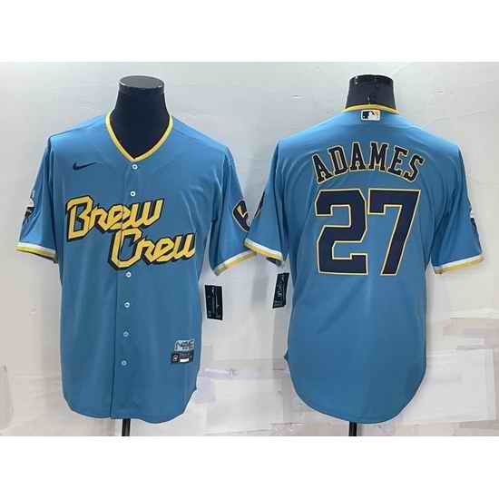Men Milwaukee Brewers #27 Willy Adames 2022 Powder Blue City Connect Cool Base Stitched Jersey