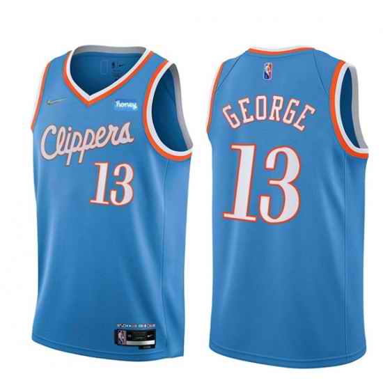 Men Los Angeles Clippers #13 Paul George 2021 22 City Edition Light Blue 75th Anniversary Stitched Basketball Jersey