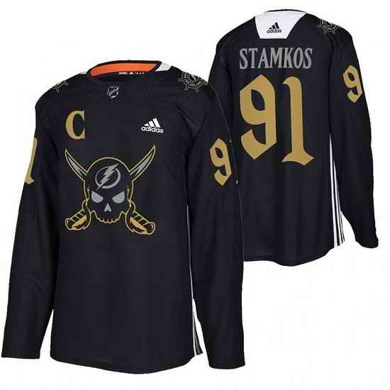 Men Tampa Bay Lightning #91 Steven Stamkos Black Gasparilla Inspired Pirate Themed Warmup Stitched jersey