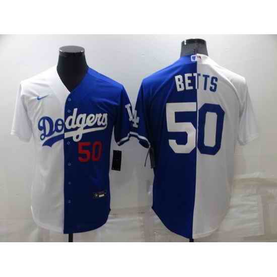Men Los Angeles Dodgers #50 Mookie Betts White Blue Split Cool Base Stitched Baseball Jerseys