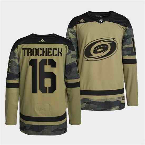 Men Carolina Hurricanes #16 Vincent Trocheck 2022 Camo Military Appreciation Night Stitched jersey