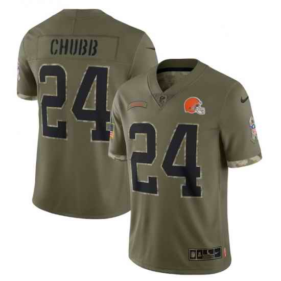 Men Cleveland Browns #24 Nick Chubb Olive 2022 Salute To Service Limited Stitched Jersey