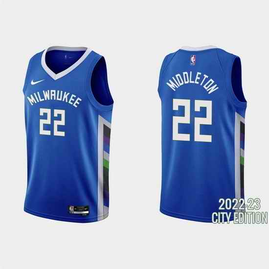 Men Milwaukee Bucks #22 Khris Middleton 2022 23 Blue City Edition Stitched Basketball Jersey