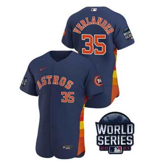 Men Houston Astros #35 Justin Verlander 2021 Navy World Series Flex Base Stitched Baseball Jersey