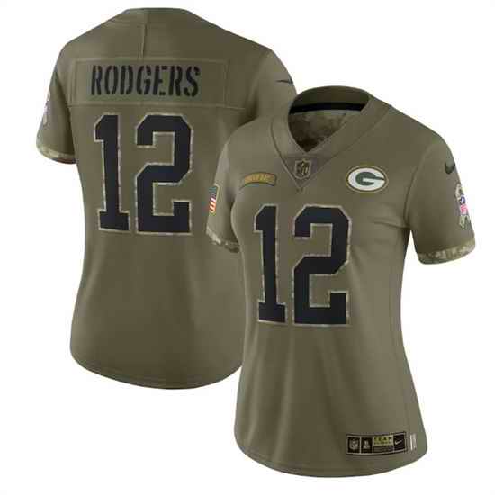 Women Green Bay Packers #12 Aaron Rodgers Olive 2022 Salute To Service Limited Stitched Jersey