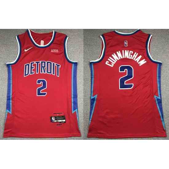 Men Detroit Pistons #2 Cade Cunningham Red 2021 75th Anniversary City Edition Player Jersey