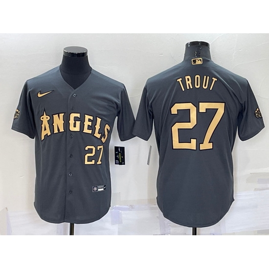 Men Los Angeles Angels #27 Mike Trout 2022 All Star Charcoal Cool Base Stitched Jersey