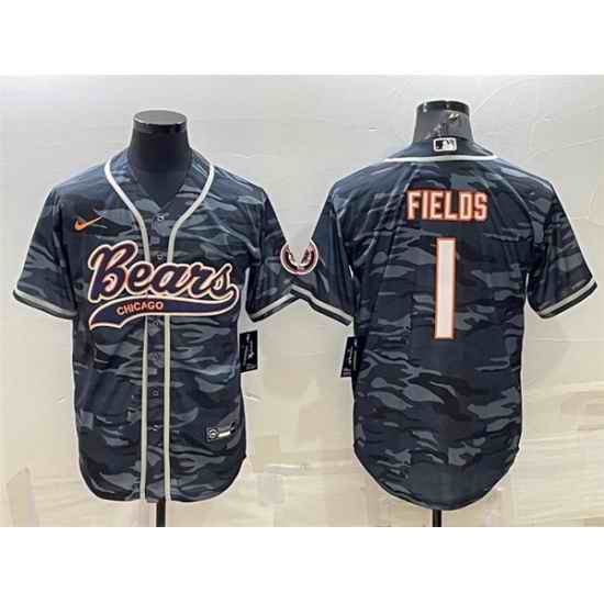 Men Chicago Bears Blank #1 Justin Fields Grey Camo With Patch Cool Base Stitched Baseball Jersey