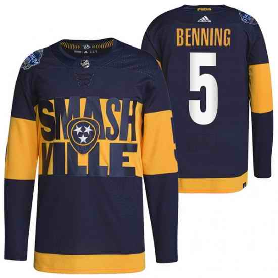 Men Nashville Predators #5 Matt Benning 2022 Navy Stadium Series Breakaway Player Stitched Jersey