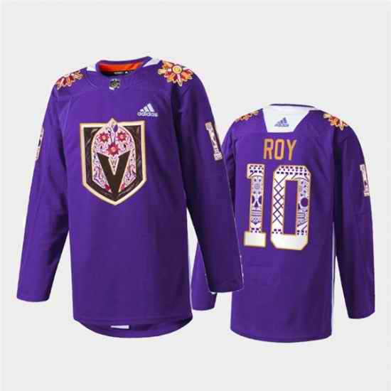 Men Vegas Golden Knights #10 Nicolas Roy Purple Hispanic Heritage Warmup Stitched Jersey