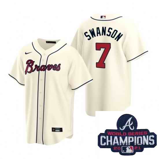 Men Nike Atlanta Braves #7 Dansby Swanson Cream Alternate Stitched Baseball Stitched MLB 2021 Champions Patch Jersey