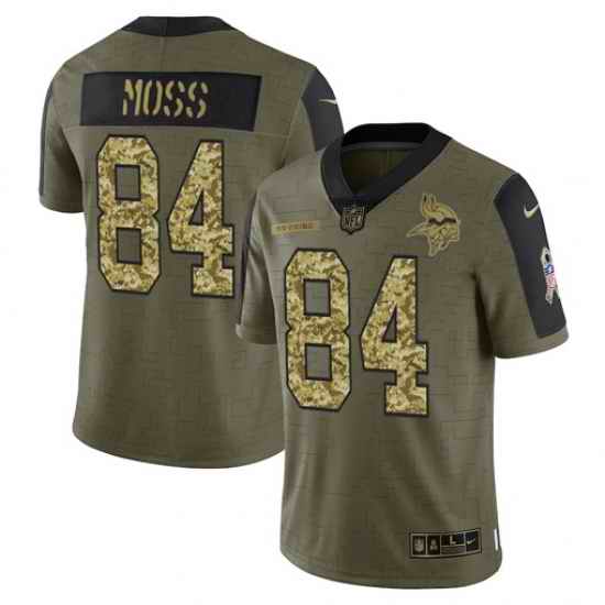 Men Minnesota Vikings #84 Randy Moss 2021 Salute To Service Olive Camo Limited Stitched Jersey