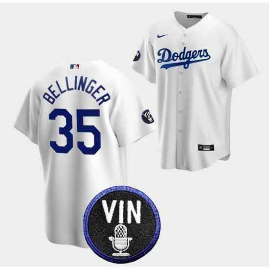 Men Los Angeles Dodgers #35 Cody Bellinger 2022 White Vin Scully Patch Cool Base Stitched Baseball Jersey